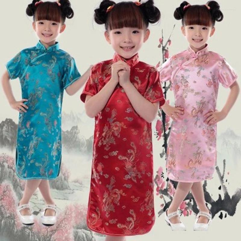 

Ethnic Clothing Children Girls Vintage Oriental Chinese Traditional Costumes Cheongsams Dragon Embroidery Satin Silk Dresses For Kids