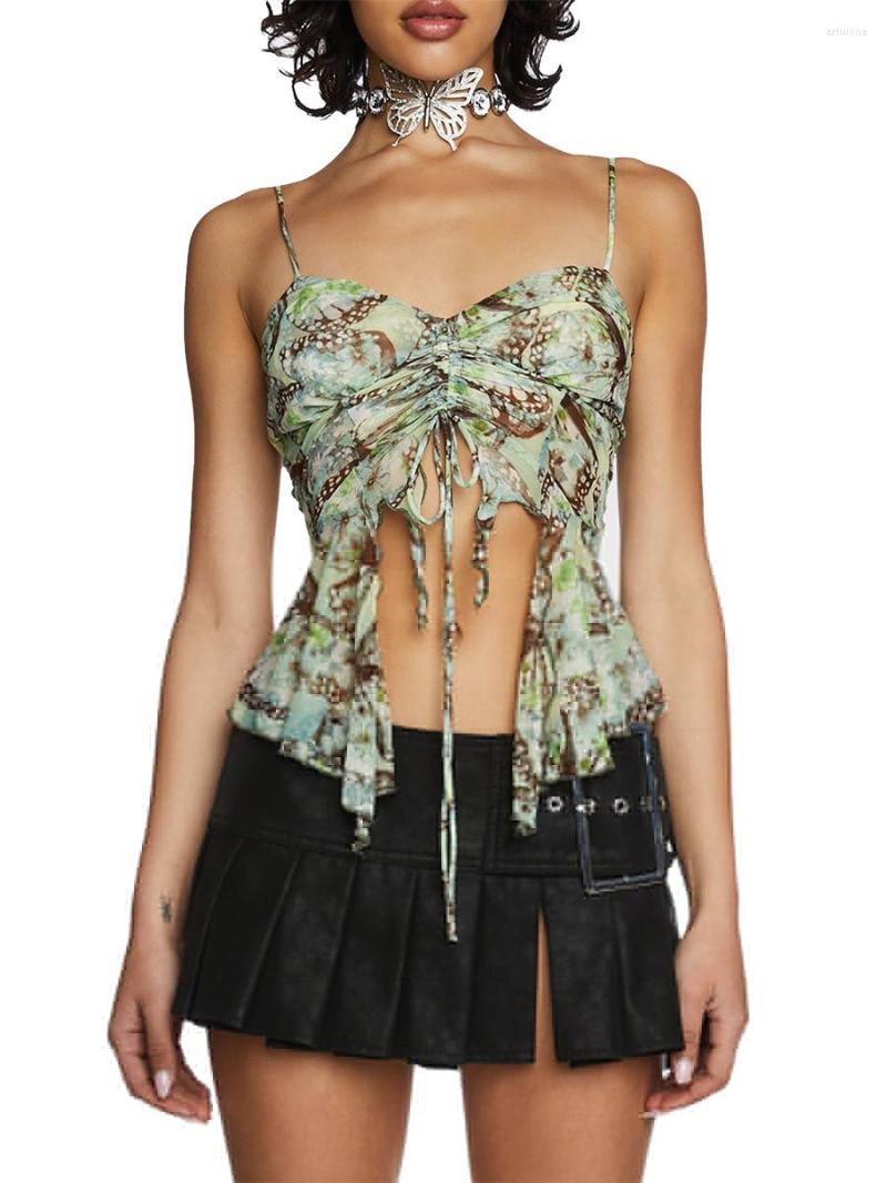 

Women' Tanks Women Butterfly Print Camisole Sleeveless Ruffles Drawstring Backless Tank Top Y2K Trashy Summer Vest Crop Tops Streetwear