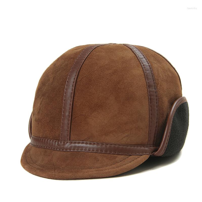 

Berets Men's Soft Real Leather Short Brim Warm Bomber Hat Male Lightweight Suede Fur Caps With Earmuffs Windproof Lined Melon Chapeau, Brown