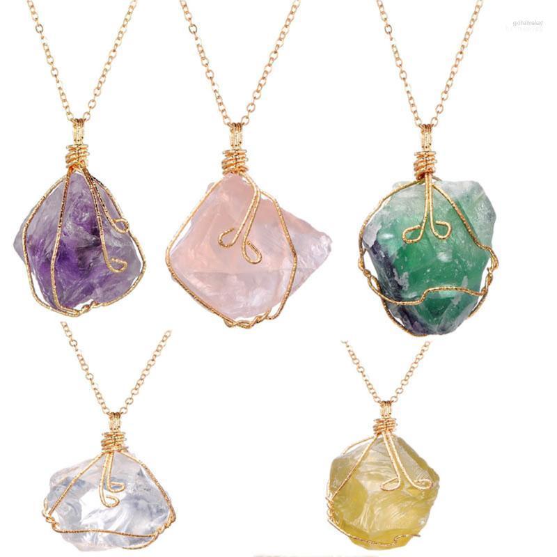 

Pendant Necklaces Handmade Wire Wrap Natural Quartz Stone Irregualr Nuggets Amethysts Fluorite Rose Clear Women Gord22