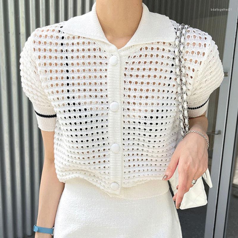 

Women's Blouses Clothland Women Elegant Knitted Blouse See Through Short Sleeve Shirt Transparent Knitwear Chic Tops Blusa DA372, White