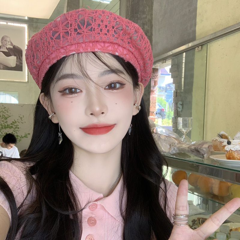 

Cute Pink Berets for Women Summer Breathable Thin Lace Hollow Painter Caps Korean Version Ins Versatile Casual Beret Hats Gorras