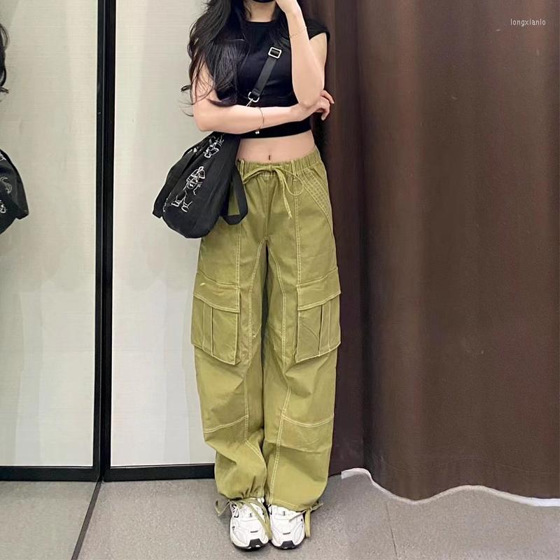 

Women's Pants Casual Baggy Woman Fashion Y2K Pockets Elastic High Waist Sweatpants Loose Drawstring Wide Leg Trousers, Green