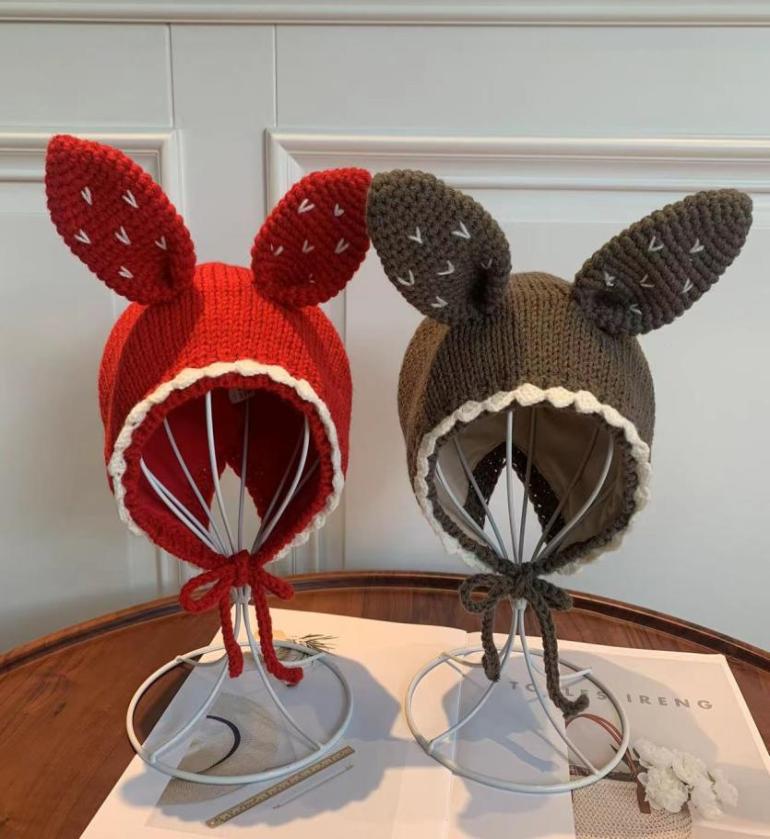 

Little girls rabbit ears knitted hats toddler kids handwoven warm beanie children easter party cap A93785008640, Red