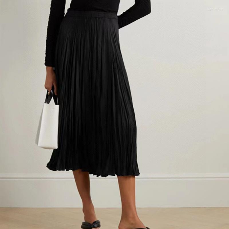 

Skirts 2023 Summer Women Solid Color High-quality Silk Pleated Skirt, Black