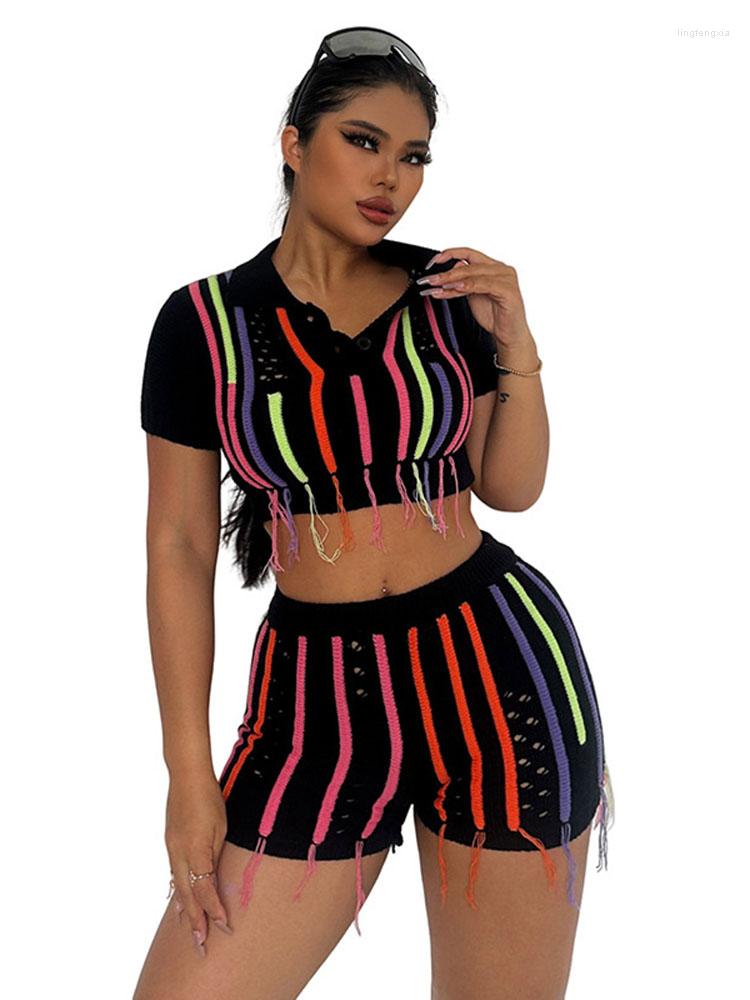 

Women' Tracksuits 2023 Streetwear Summer Two-piece Suit Women Sexy Short Pants Sets Striped Jacquard Tassels Hollow Tops Female Knit, Black