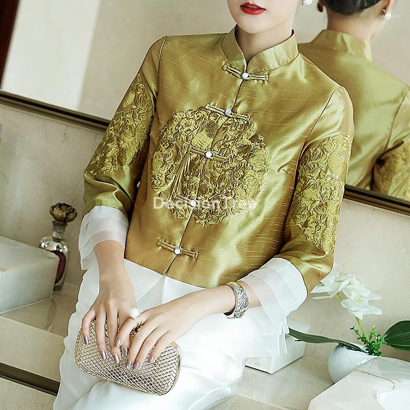 

Ethnic Clothing 2023 Ladies Tang Suit Tops Traditional Chinese Style Embroidered Top Satin Sleeve Cheongsam Shirt Women's Party Qipao