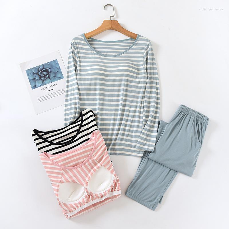 

Women's Sleepwear Women's Pajamas Conjunto For Autumn Ladies Suit Modal Long-Sleeved Striped Tops With Chest Pad And Pants Night Wears