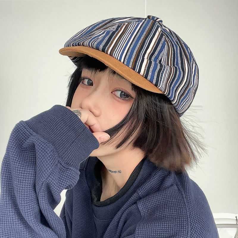 

Retro Personality Japanese Striped Newsboy Hats for Women British Style Small Brim Octagonal Cap Forward Hat Men's Caps Beret