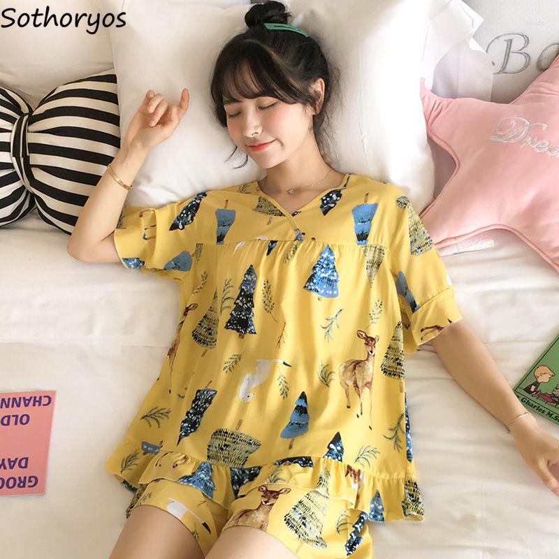 

Women's Sleepwear Pajama Sets Women V-neck Pleated Thin Loose Simple Leisure Nightwear Lovely Girls Korean Style Fashionable Soft