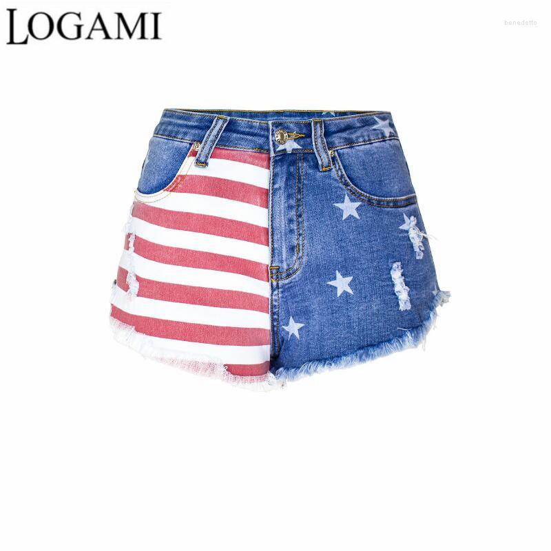 

Women' Jeans LOGAMI Color-blocking Striped Women' Denim Shorts Printed Star Pattern Ripped, Blue
