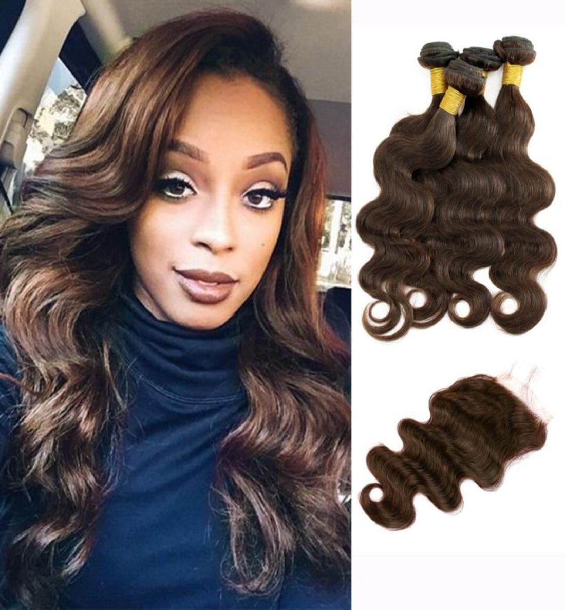 

4 Bundles With 4x4 Lace Closure Dark Brown Brazilian Body Wave Virgin Hair Weave Bundles MiddleThree Part8157467