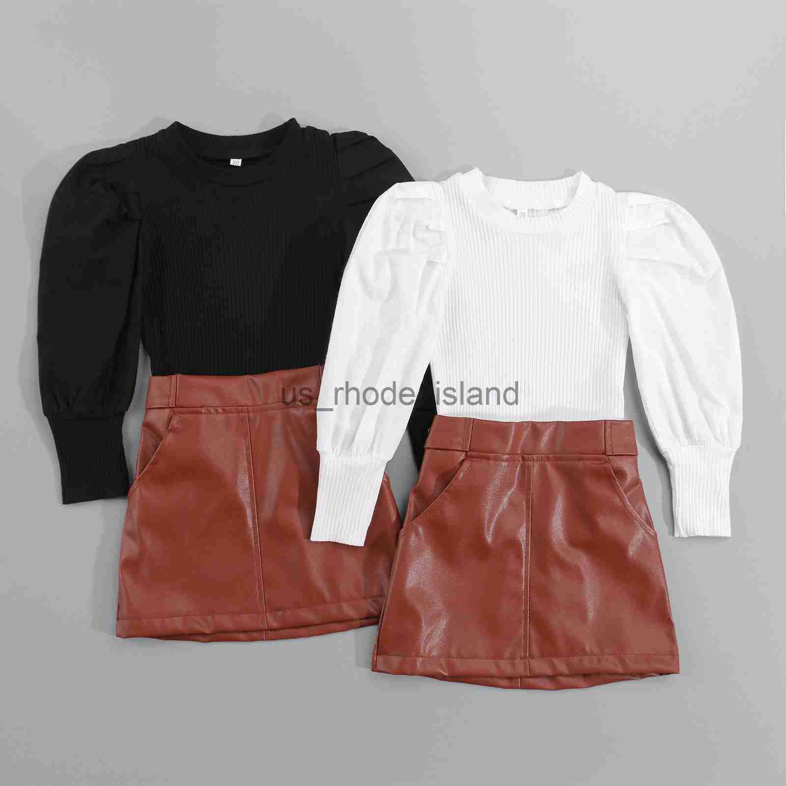 

T-shirts 1-5Y Autumn Fashion Kids Girls Clothes Sets 2pcs Solid Knit Long Puff Sleeve Sweater Tops Leather Skirts x0628