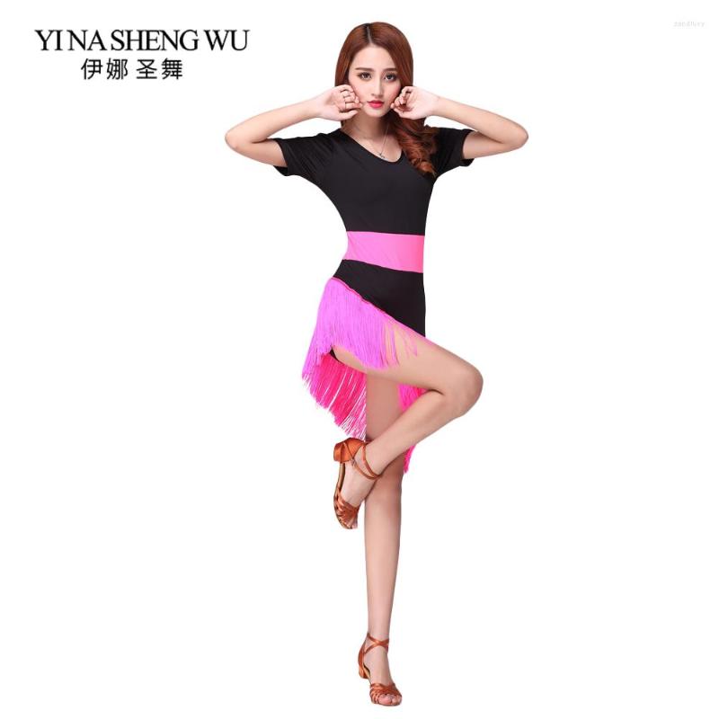

Stage Wear Latin Dance Tassel Skirt Practice Clothes Milk Fiber Short-sleeved Dress Adult Women 3 Colors, Royal blue