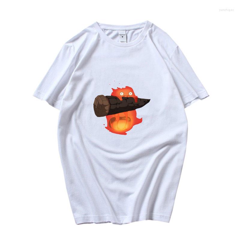 

Women's T Shirts Anime Howl Moving Castle Calcifer Men Shirt Summer Short Sleeve Cotton T-Shirt Hip Hop Crewneck Harajuku For Boys, White1