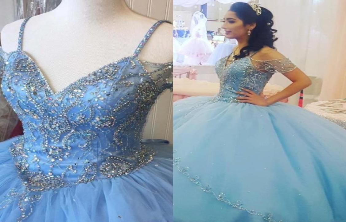 

Baby Blue Ball Gowns Prom Quinceanera Dresses 2019 Off The Shoulder Laceup Beading Crystal Tiered Tulle Sweet 15 Dress vestido de9919483, Light sky blue