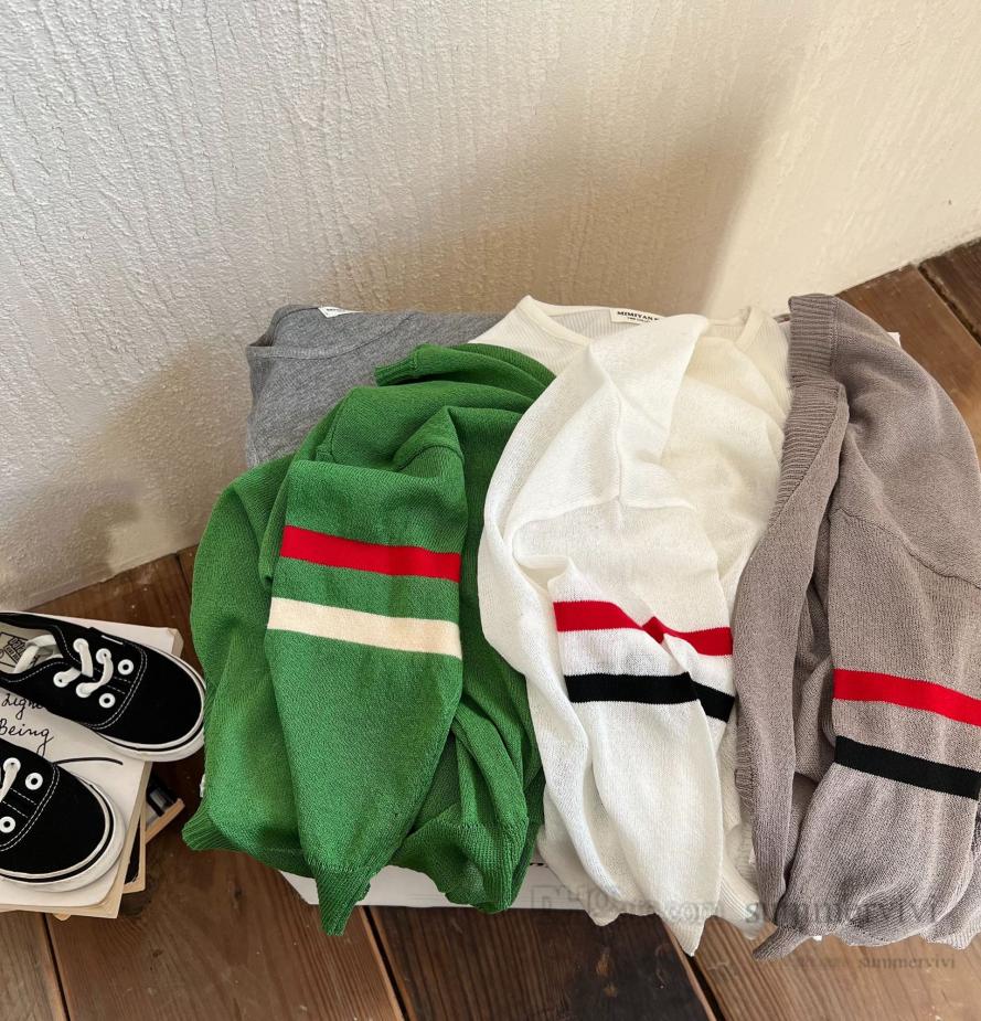 

Kids knitted sweater cardigan boys stripe long sleeve casual tops girls air conditioning outwear summer children sunscreen clothes5978131, Green
