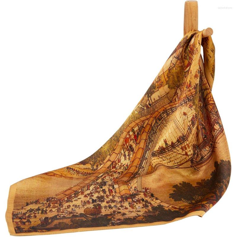 

Scarves Pure Silk Bandana Female Hair Scarf Chinese Painting Along The River Handkerchief Natural Women Headband Pocket Square