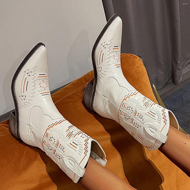 

Boots Brand Embroidered Western Cowboy For Women Square Med Heels Pointy Toe High Quality Knee Boot Shoe, Beige