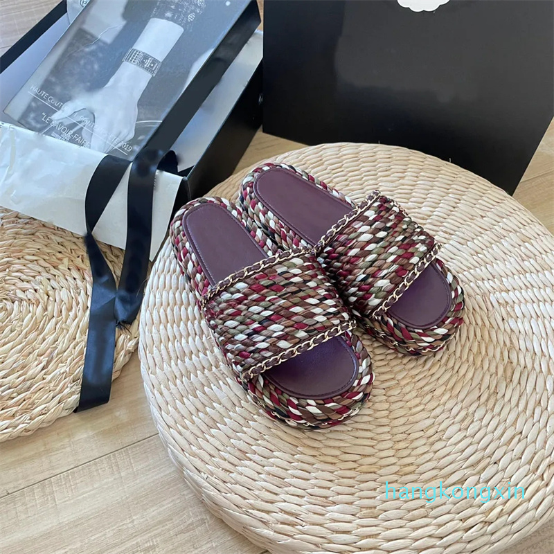 

designer Round head thick bottom hand-knitted twine surface slippers designer sandals ladies style beach a flip-flops knitted flat shoes with box