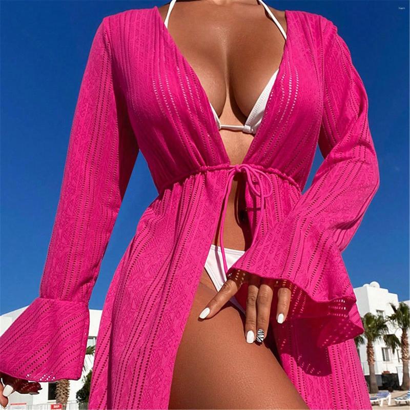 

Women' Swimwear Women' Swimsuit Cover Ups Sexy Rose Red Cardigan Long Sleeved Sun Beach Bikini, Hot pink