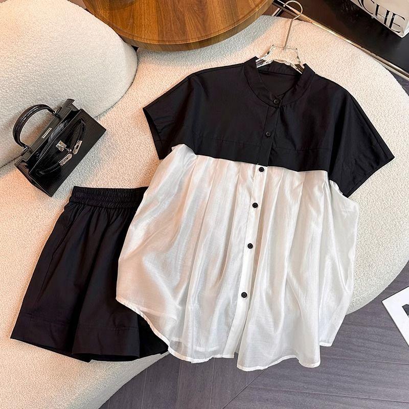 

Women's Tracksuits Summer 2 Pieces Women Outfits Short Sleeve Shirt Broad-legged Shorts Set Patchwork Fashion Ladies Solid Suits Casual, Black