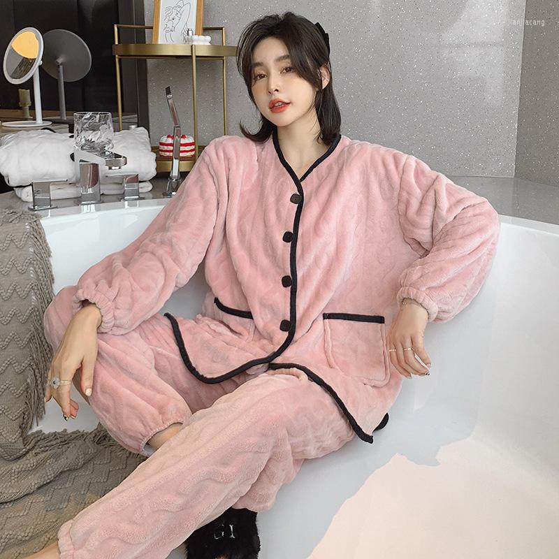 

Women's Sleepwear Coral Fleece Women Nightwear Pajama Set Autumn Winter Long Sleeve Pyjamas Sleep Suit Flannel Casual Home Clothes, Gray - b