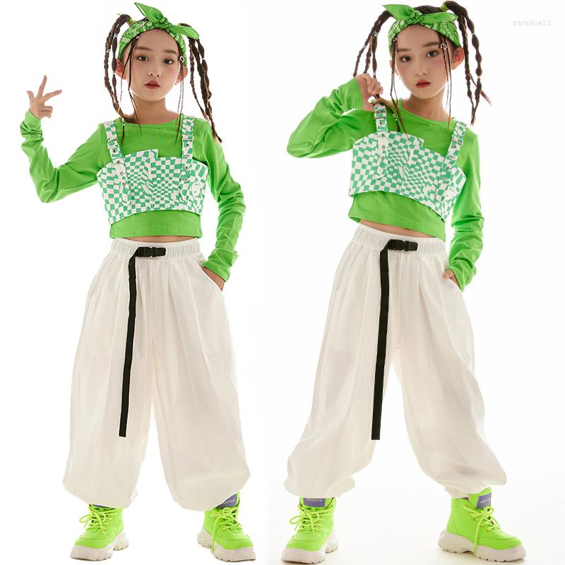 

Stage Wear Girls Streetwear Hip Hop Costume Kids Jazz Dance Crop Tops Green Long Sleeves Loose White Pants Concert Show Clothing BL9577, Tops-vest 2pcs