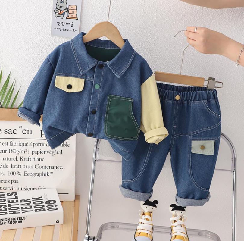 

Clothing Sets Boys Spring Autumn Tracksuits Korean Style Children Denim Turnn-down Collar Cardigan Jackets Pants Toddler Kids Clothes, Blue
