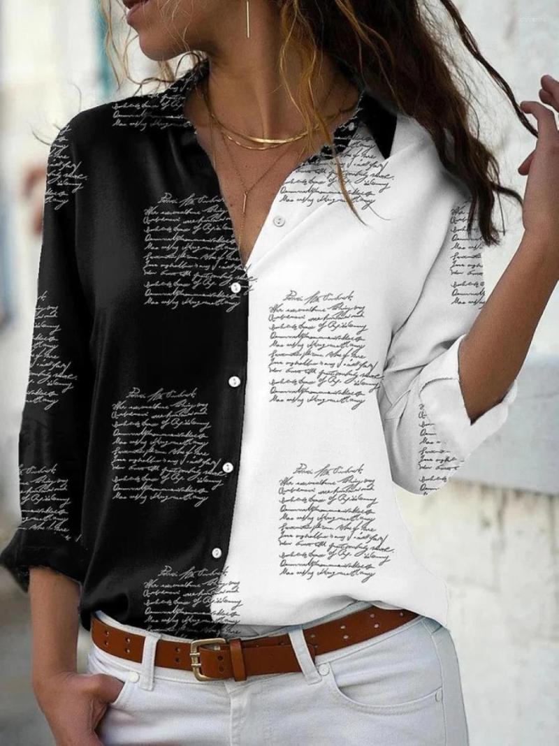 

Women's Blouses Fashion Black And White Patchwork Printed Blouse Long Sleeved Women's Shirts 2023 Spring Lapel Button Casual Polyester, Hs09ak22301dh