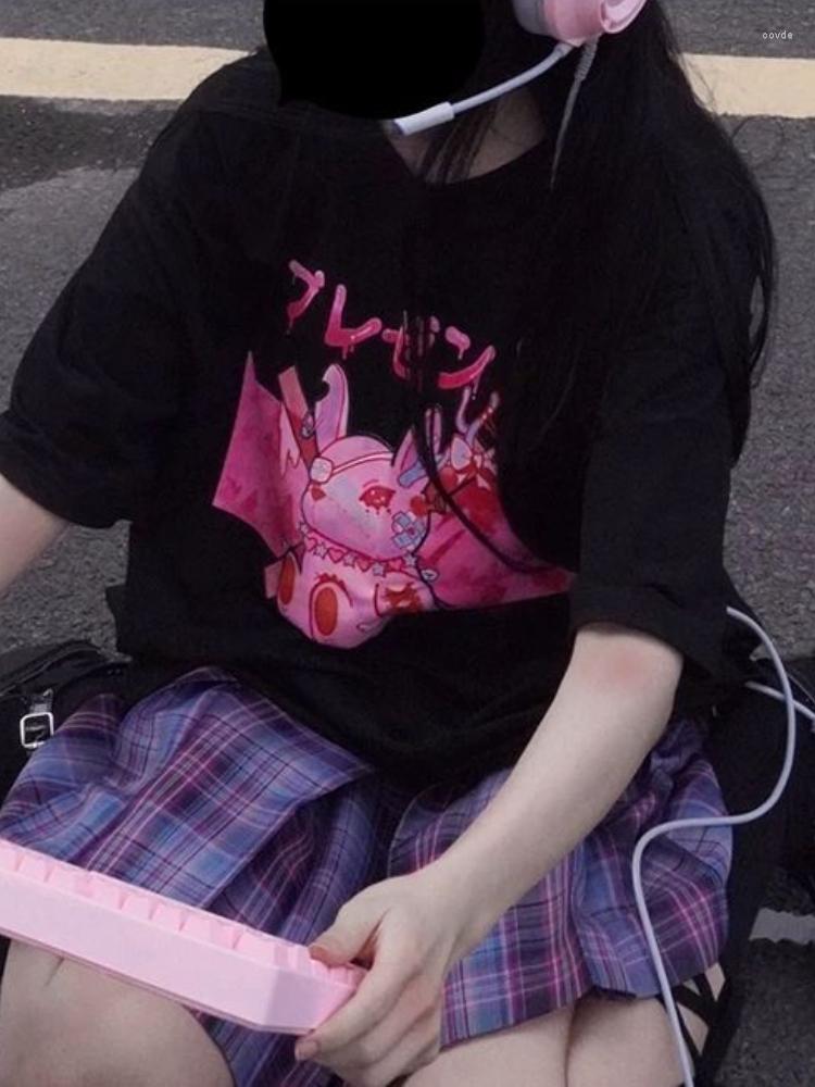 

Women' T Shirts Japanese Summer Streetwear Loose Cartoon Tee Femme Punk Gothic O Neck Women T-shirt Grunge Y2k Aesthetic Graphic Tshirt, Black