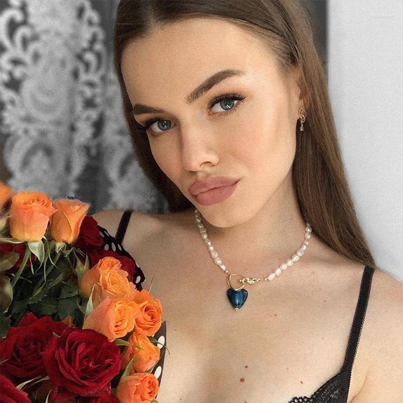 

Pendant Necklaces Xxixx Retro Baroque Irregular Natural Pearl For Women Blue Green Color Glass Heart Chokers Necklace X-55Pendant Gord22