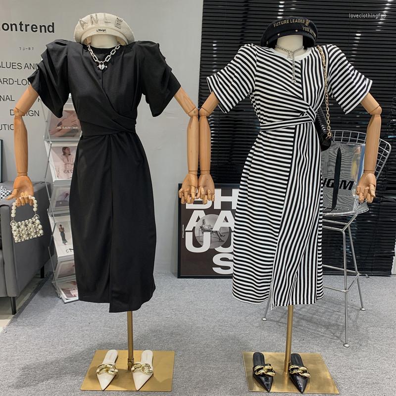 

Party Dresses In Women's Clothing 2023 Summer Temperament Stripe Dress Puff Sleeved Mid Length Lace Up Black