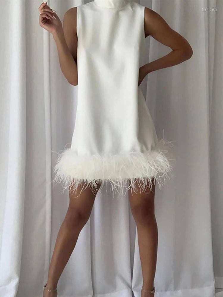 

Casual Dresses Ostrich Feather Women Dress Mini 2023 Sleeveless Elegant Short Female Stand Collar Spring Straight Ladies Robe, White