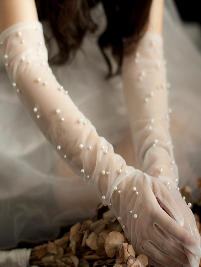 

Bride Wedding pearl Gloves long Design Lace Gauze Transparent Women Gloves Short bridal mesh gloves Wedding Accessories6960163, Ivory