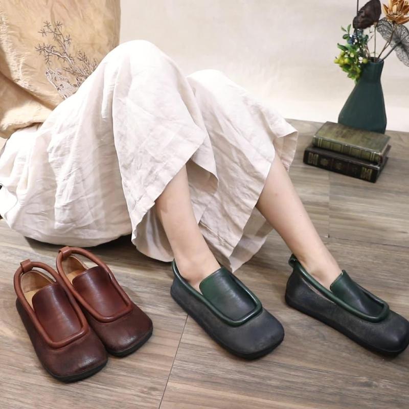 

Dress Shoes Leather Round Head Flat Women's Fashion Loafers Retro Wiping Color Soft Sole Flats Surface Women, Green