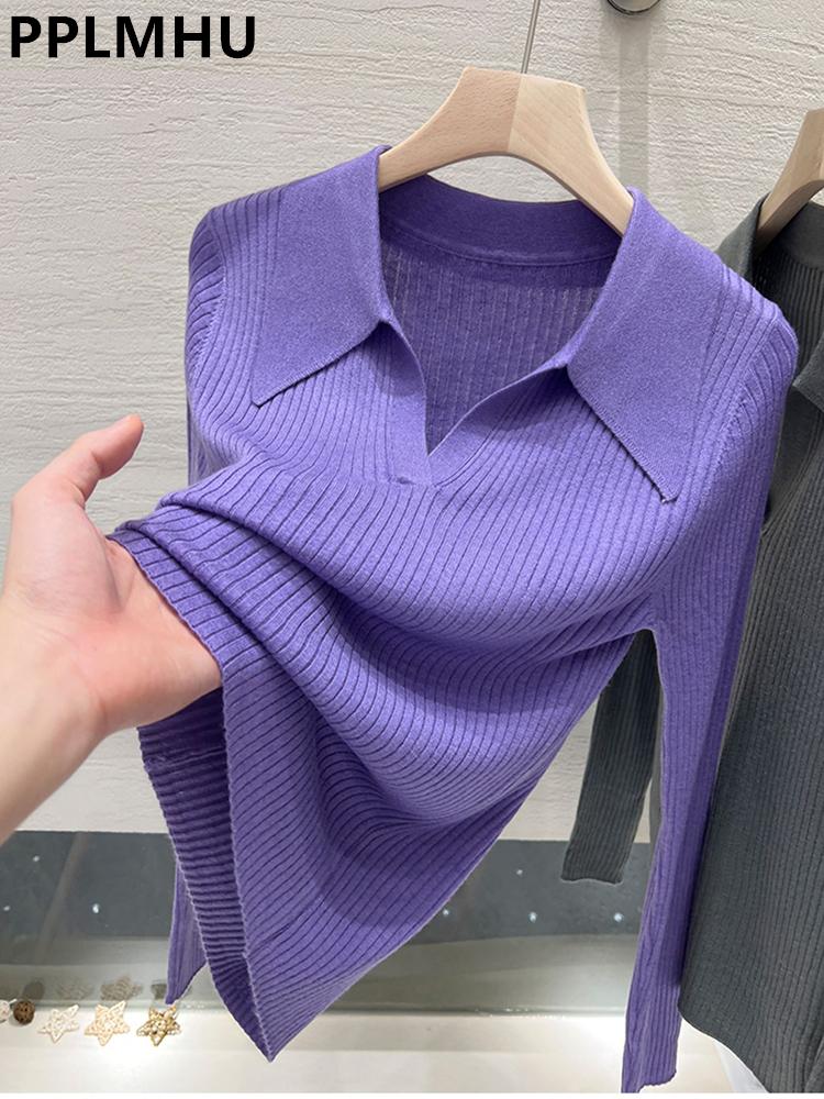 

Women's Sweaters Turn-down V-neck Slim Knitted Tops Women Casual Korean Long Sleeve Thin Sweater Elegant Polo Knitwear Jumper Basic Pullover, White