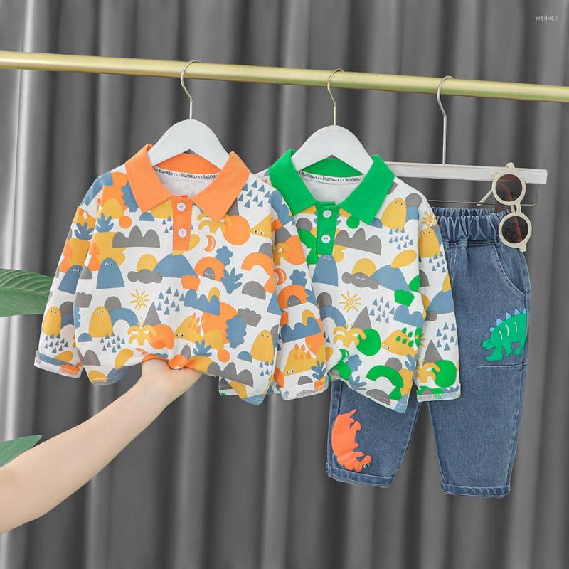 

Clothing Sets 2023 Autumn Baby Boys Set Cartoon Long Sleeve Lapel Collar T-Shirt Denim Jeans Casual Trousers Children Outfit Kids 2 Pcs Suit, Green