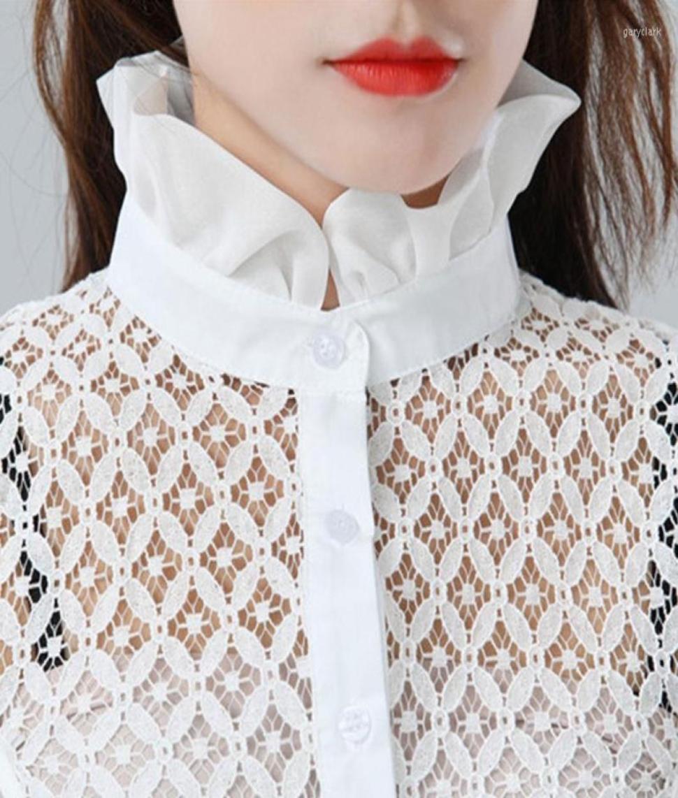 

Ladies Sweet Pleated Ruffled Chiffon Fake Collar Hollow Out Floral Lace Button Down Detachable Half Shirt Blouse Adjustable Dick N6429915