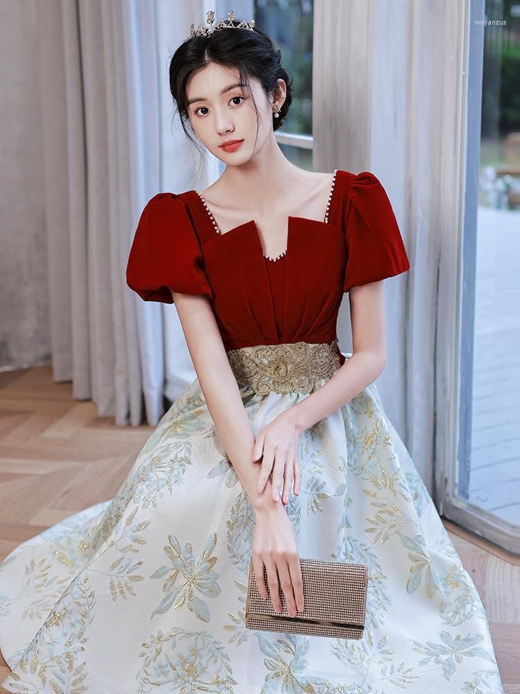 

Ethnic Clothing Puff Sleeves Pleated Cheongsam Burgundy Lady Dress Gown Sexy Square Collar Vintage Bride Wedding Vestidos