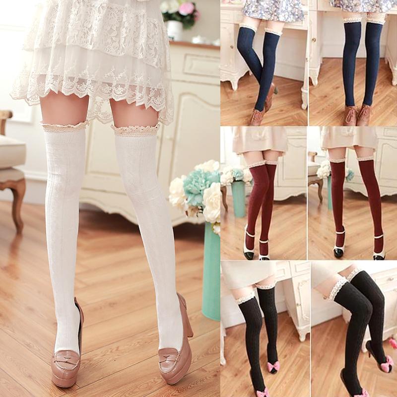 

Women Socks Lace Thigh High Over The Knee Cotton Stockings Winter Warm Long Knit Crochet Thick Ladies