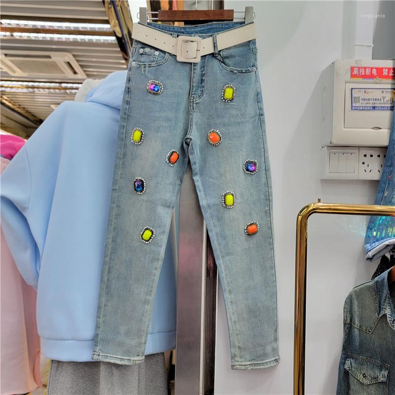 

Women' Pants Beachapche 2023 Spring Beads Light Blue Jeans Women' All-Matching Colorful Rhinestone Denim Trousers