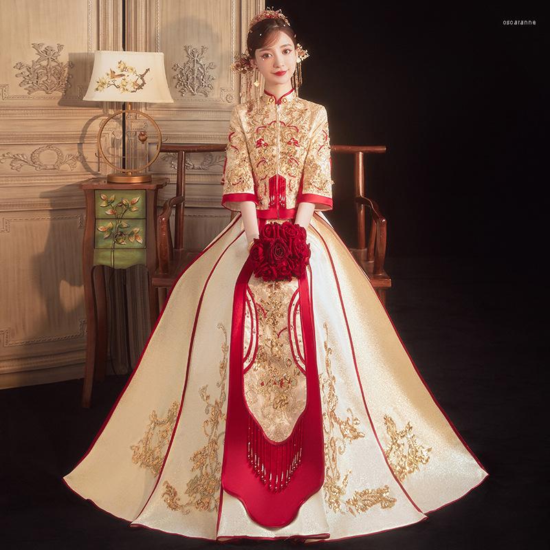 

Ethnic Clothing Chinese Traditional Xiuhe Bride Wedding Dress Ancient Costume Toast Champagne Gown Fringed Top Tang Suit