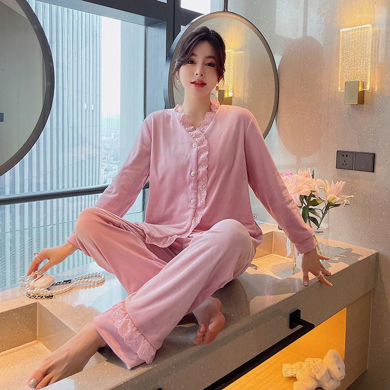 

Women's Sleepwear Princess Women Lace Trim Velour Pajamas Sets 2PCS Sexy V-Neck Pyjamas Suit Autumn Nightwear Large Size Home Wear, Black