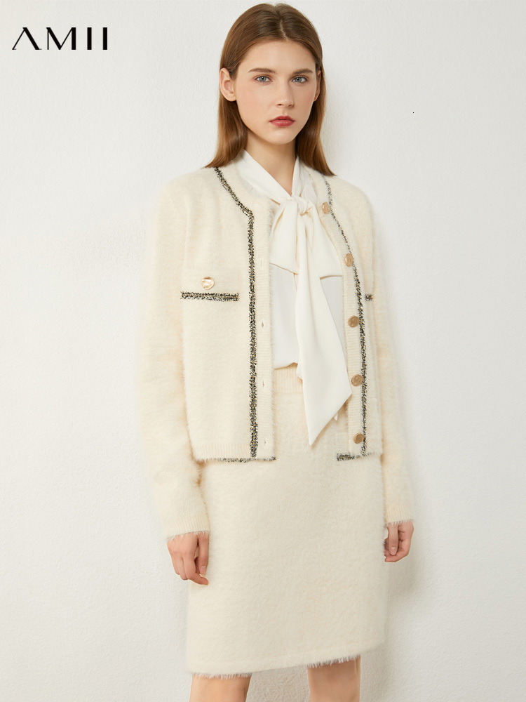 

Two Piece Dress Amii Minimalism Women Knitted Coat Sweater Cardigan Office Lady High Waist Skirt Jacket 12030610 230627, Apricot skirt