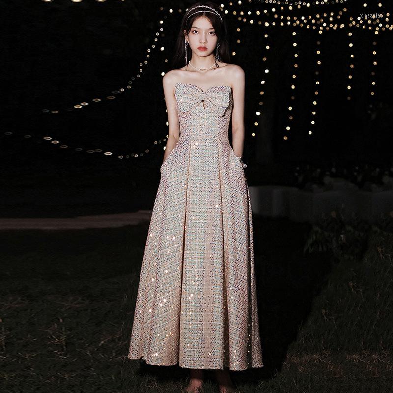 

Ethnic Clothing Women Champagne Sparkly Exquisite Sequins Evening Dress Tube Top Prom Party Gown Vestidos De Fiesta