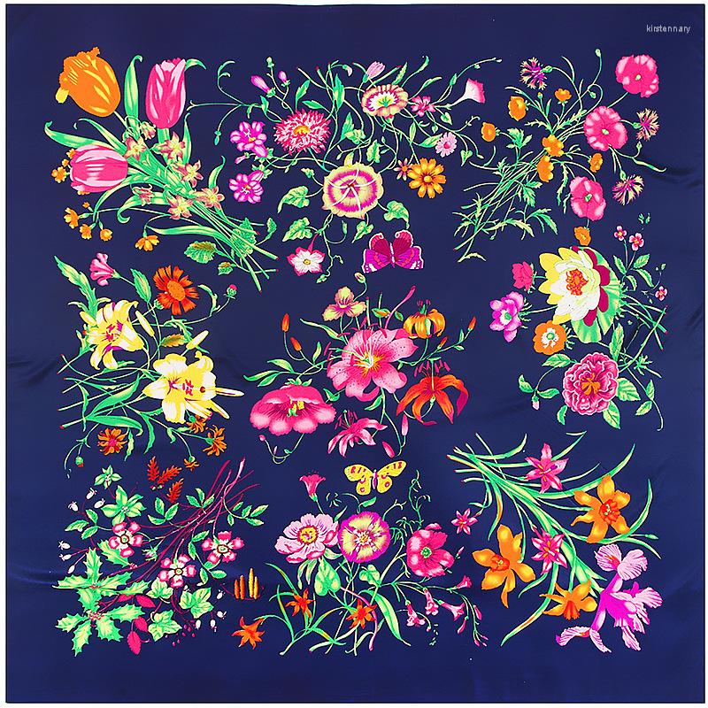 

Scarves 130 130Cm Square Silk Scarf Women Satin Flower Print Hijab Muslim Pareo Bandana Female Shawl Foulard
