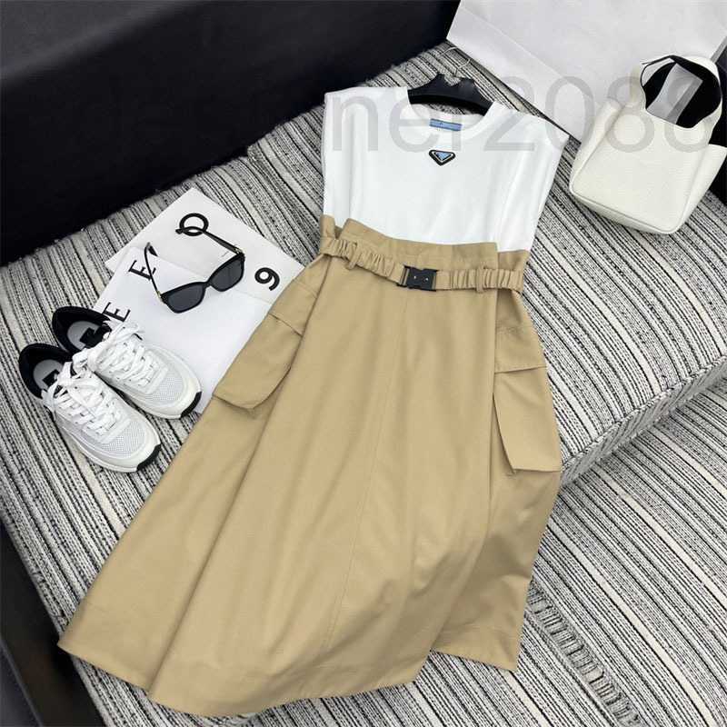 

Basic & Casual Dresses designer Summer New Triangle Elastic Belt Decoration Shoulder Pad Sleeveless Panel Contrast Color Dress for Women 5VSR, Khaki