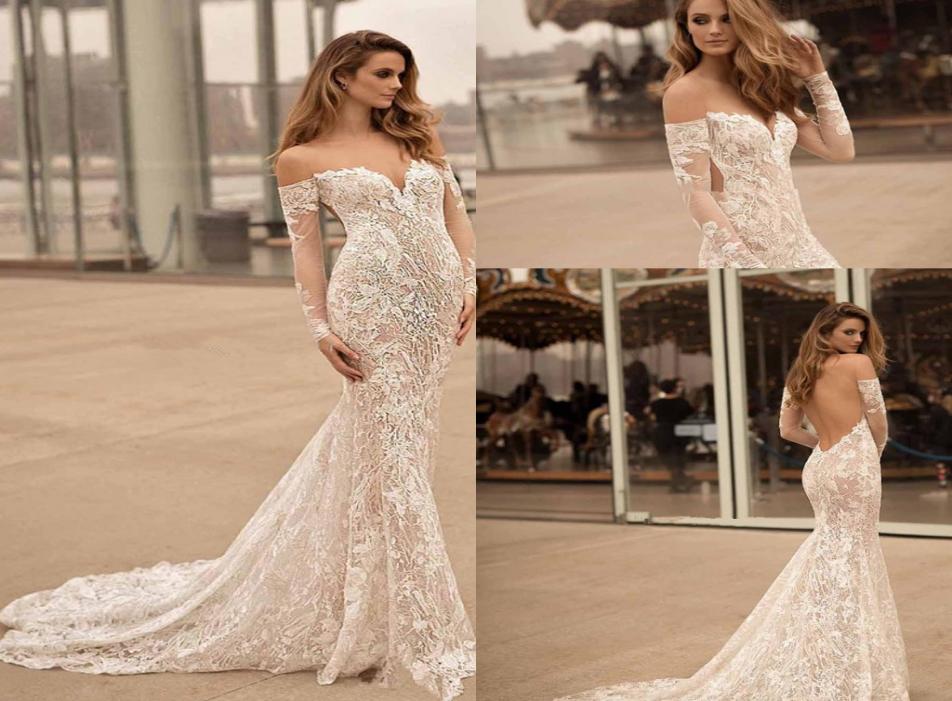 

Long Sleeves Off the Shoulder Wedding Dresses Berta Bridal Sweetheart Neckline Elegant Sexy Open low back Lce applique wedding gow7637719, Ivory