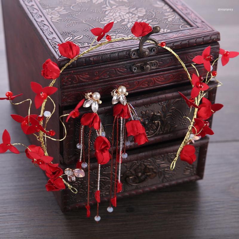 

Hair Clips Handmade Bridal Red Flower Hairband Earrings Wedding Jewelry Fashion Women Party Headdress Hairwear Accessories Para Mulher